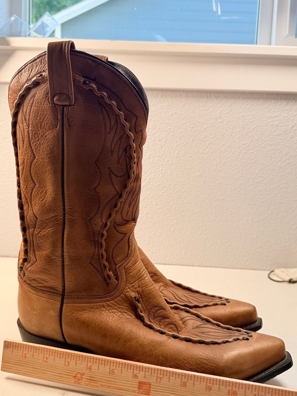 Vintage Dan Post Mens 12 E Tan Buckstitch Pointed Toe Cowboy Boots - Picture 8 of 15